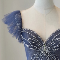 Navy Blue Prom Dress Sweetheart Neckline A-Line Long Sleeve Shiny Banquet Bridesmaid Evening Gown with Beaded Tulle Prom Dress - Thumbnail 4