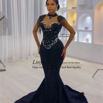 Black mermaid beading crystal african girls prom dress evening formal gown birthday party dress