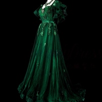A-Line Short Sleeves Tulle Lace Green Long Prom Dress, Green Applique Long Evening Dress with Satin Belt  - Thumbnail 2