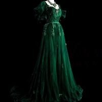A-Line Short Sleeves Tulle Lace Green Long Prom Dress, Green Applique Long Evening Dress with Satin Belt  - Thumbnail 3