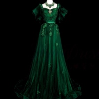 A-Line Short Sleeves Tulle Lace Green Long Prom Dress, Green Applique Long Evening Dress with Satin Belt  - Thumbnail 4
