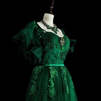 A-Line Short Sleeves Tulle Lace Green Long Prom Dress, Green Applique Long Evening Dress with Satin Belt  - Thumbnail 5
