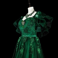 A-Line Short Sleeves Tulle Lace Green Long Prom Dress, Green Applique Long Evening Dress with Satin Belt  - Thumbnail 6