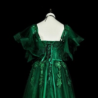 A-Line Short Sleeves Tulle Lace Green Long Prom Dress, Green Applique Long Evening Dress with Satin Belt  - Thumbnail 7