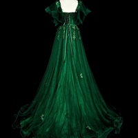 A-Line Short Sleeves Tulle Lace Green Long Prom Dress, Green Applique Long Evening Dress with Satin Belt  - Thumbnail 1