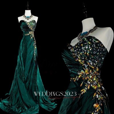 Dark green strapless sweetheart neck mermaid beading vintage long evening party dress