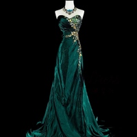 Dark Green Strapless Sweetheart Neck Mermaid Beading Vintage Long Evening Party Dress - Thumbnail 2