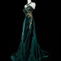 Dark Green Strapless Sweetheart Neck Mermaid Beading Vintage Long Evening Party Dress - Thumbnail 3