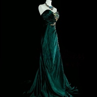 Dark Green Strapless Sweetheart Neck Mermaid Beading Vintage Long Evening Party Dress - Thumbnail 4