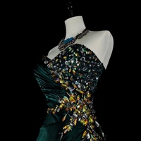 Dark Green Strapless Sweetheart Neck Mermaid Beading Vintage Long Evening Party Dress - Thumbnail 5