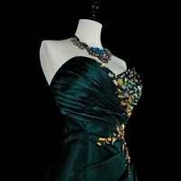 Dark Green Strapless Sweetheart Neck Mermaid Beading Vintage Long Evening Party Dress - Thumbnail 1