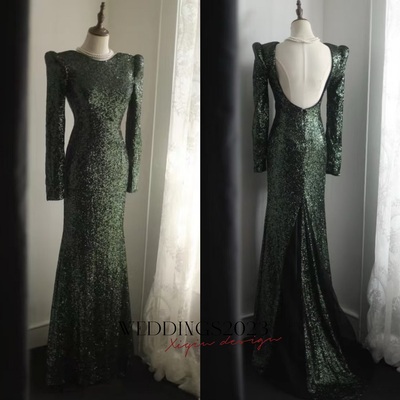 Luxe dark green sequin holiday formal party evening wedding prom mermaid maxi dress 