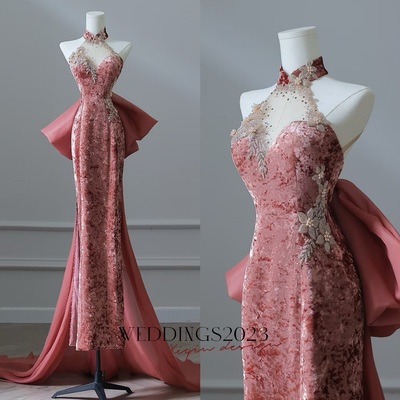 Elegant dark peach mandarin collar sheath printed velvet long prom dresses formal evening gowns