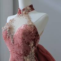 Elegant Dark Peach Mandarin Collar Sheath Printed Velvet Long Prom Dresses Formal Evening Gowns - Thumbnail 3