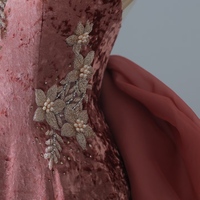 Elegant Dark Peach Mandarin Collar Sheath Printed Velvet Long Prom Dresses Formal Evening Gowns - Thumbnail 4