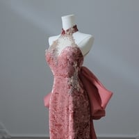 Elegant Dark Peach Mandarin Collar Sheath Printed Velvet Long Prom Dresses Formal Evening Gowns - Thumbnail 5