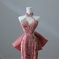 Elegant Dark Peach Mandarin Collar Sheath Printed Velvet Long Prom Dresses Formal Evening Gowns - Thumbnail 6