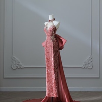 Elegant Dark Peach Mandarin Collar Sheath Printed Velvet Long Prom Dresses Formal Evening Gowns - Thumbnail 7