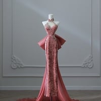 Elegant Dark Peach Mandarin Collar Sheath Printed Velvet Long Prom Dresses Formal Evening Gowns - Thumbnail 1