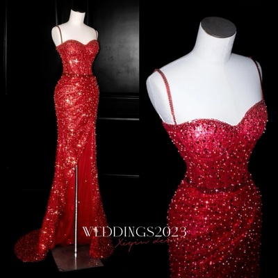Lovely red spaghetti straps sweetheart neck mermaid sequins off shoulder party dress