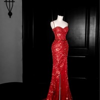 Lovely Red Spaghetti Straps Sweetheart Neck Mermaid Sequins Off Shoulder Party Dress - Thumbnail 2