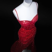 Lovely Red Spaghetti Straps Sweetheart Neck Mermaid Sequins Off Shoulder Party Dress - Thumbnail 3