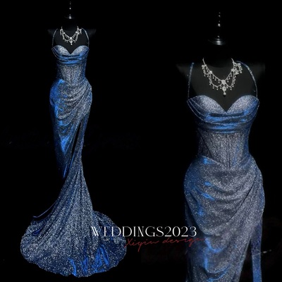 Classy navy blue sequinmermaid spaghetti straps  long evening gowns prom dress