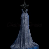 Classy Navy Blue SequinMermaid Spaghetti Straps  Long Evening Gowns Prom Dress - Thumbnail 1