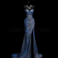 Classy Navy Blue SequinMermaid Spaghetti Straps  Long Evening Gowns Prom Dress - Thumbnail 3