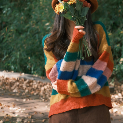 V-neck rainbow stripe pullover knit sweater