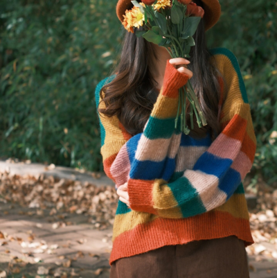 V-neck Rainbow Stripe Pullover Knit Sweater