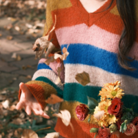 V-neck Rainbow Stripe Pullover Knit Sweater - Thumbnail 2