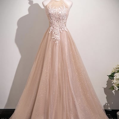 Pink tulle lace long a-line prom party dress - Thumbnail 1