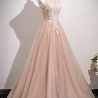 Pink Tulle Lace Long A-Line Prom Party Dress - Thumbnail 1