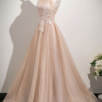 Pink Tulle Lace Long A-Line Prom Party Dress - Thumbnail 2