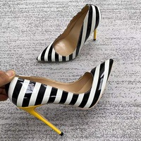 Black and white striped women's color matching stiletto high heels - Thumbnail 4