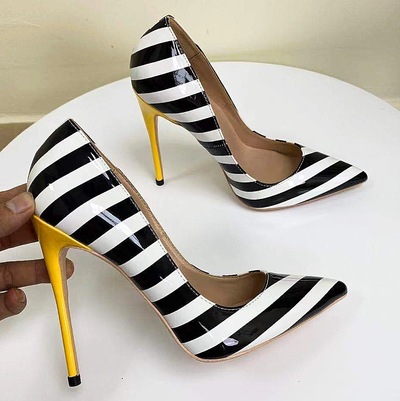 Black and white striped women's color matching stiletto high heels
