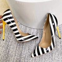 Black and white striped women's color matching stiletto high heels - Thumbnail 2