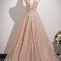 Pink Tulle Lace Long A-Line Prom Party Dress - Thumbnail 3