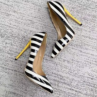 Black and white striped women's color matching stiletto high heels - Thumbnail 1