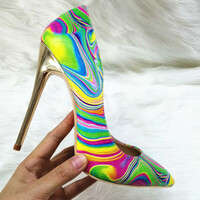 Pointed colorful graffiti 12cm high heel women's shoes - Thumbnail 1