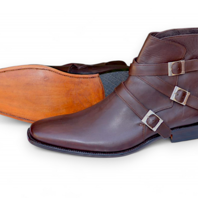 Crafted leather classic men brown leather triple buckle strap side zipper jodhpur ankle high boot