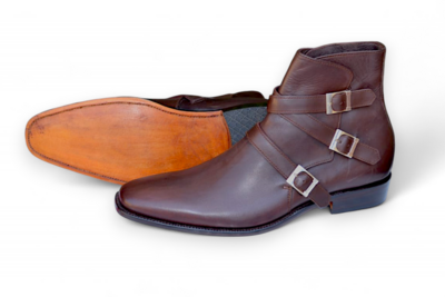 Crafted Leather Classic Men Brown Leather Triple Buckle Strap Side Zipper Jodhpur Ankle High Boot