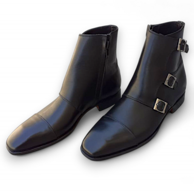 Crafted leather classic men black leather triple buckle strap side zipper jodhpur ankle high boot - Thumbnail 1