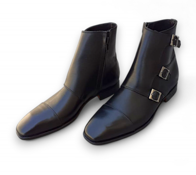 Crafted Leather Classic Men Black Leather Triple Buckle Strap Side Zipper Jodhpur Ankle High Boot