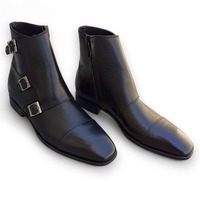 Crafted Leather Classic Men Black Leather Triple Buckle Strap Side Zipper Jodhpur Ankle High Boot - Thumbnail 1