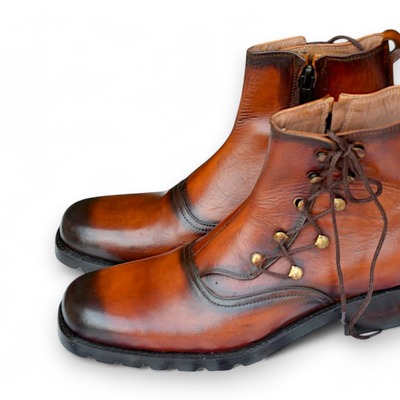 Crafted leather classic men handmade two tone brown leather ankle high zigzag style side zipper boot