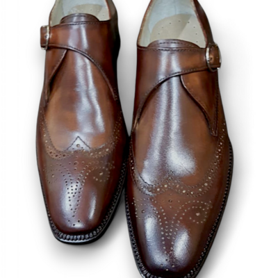 Crafted leather men dark brown classic monk strap dress shoes - Thumbnail 1