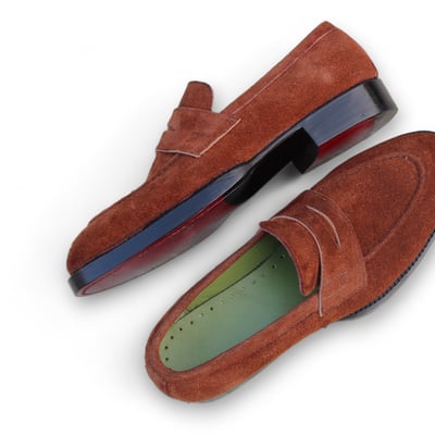 Crafted leather men brown suede leather moccasin loafers dress shoes - Thumbnail 2