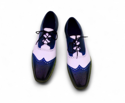Crafted Leather Men’s Classic Ghillie Lacing Blue White Leather Wing Tip Dress Shoes